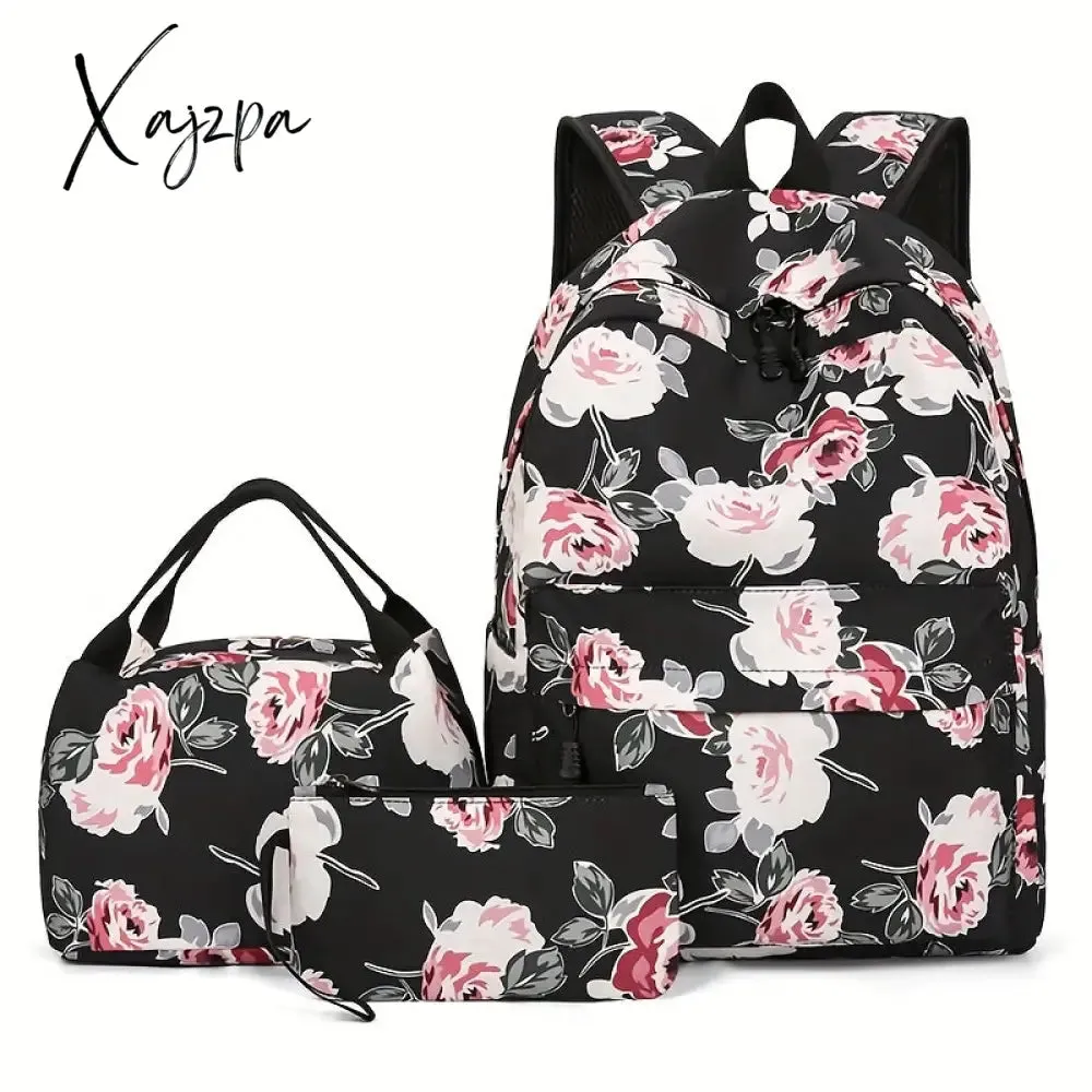 3-Piece Set Floral Fashion Backpack Collection - Stylish Student School Bag with Insulated Lunch Zipper Handbag & Detachable Zipper Clutch Bag for Girls and Women