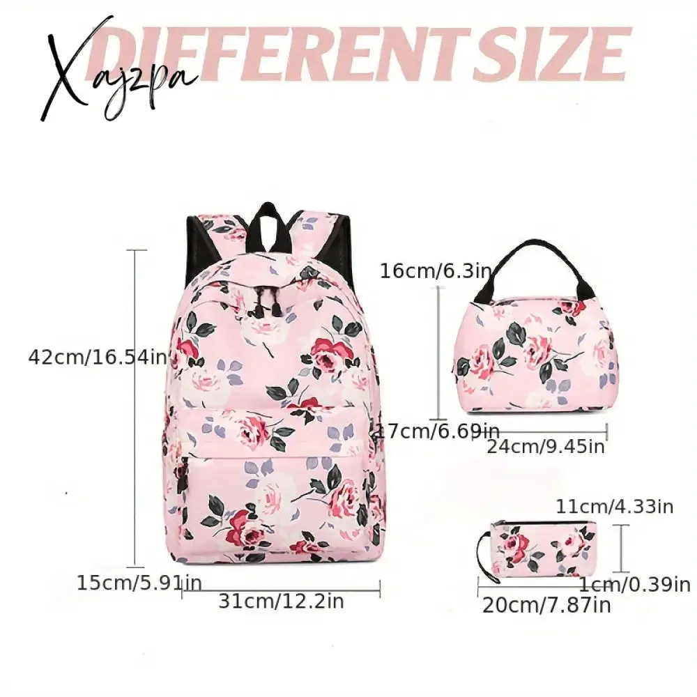 3-Piece Set Floral Fashion Backpack Collection - Stylish Student School Bag with Insulated Lunch Zipper Handbag & Detachable Zipper Clutch Bag for Girls and Women