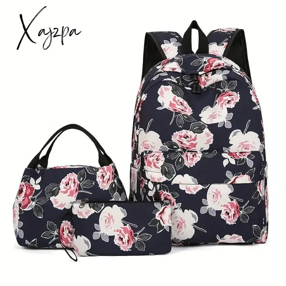 3-Piece Set Floral Fashion Backpack Collection - Stylish Student School Bag with Insulated Lunch Zipper Handbag & Detachable Zipper Clutch Bag for Girls and Women