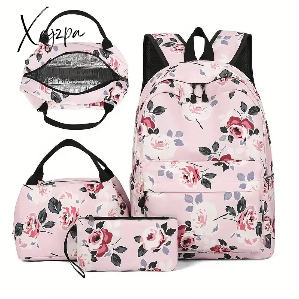 3-Piece Set Floral Fashion Backpack Collection - Stylish Student School Bag with Insulated Lunch Zipper Handbag & Detachable Zipper Clutch Bag for Girls and Women