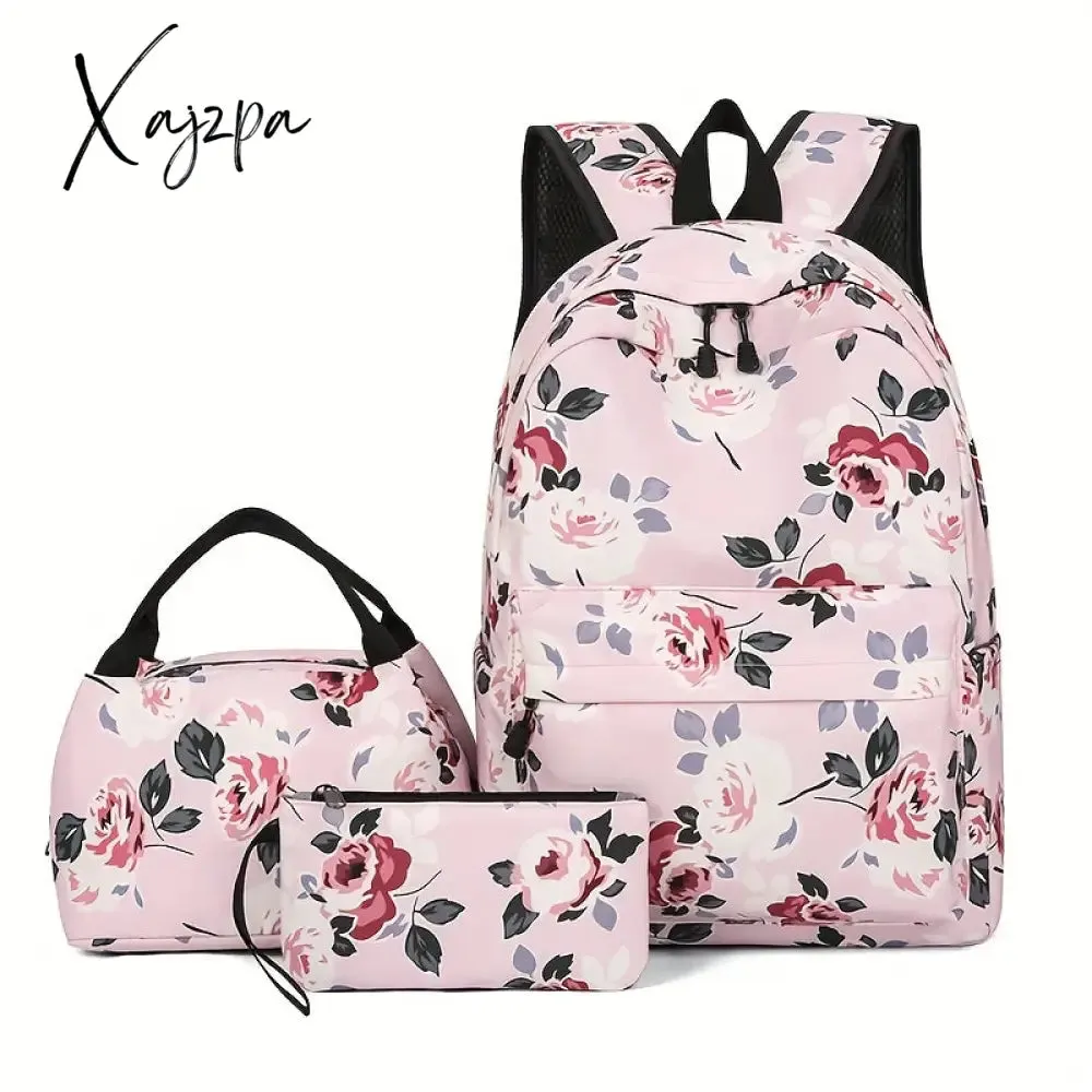 3-Piece Set Floral Fashion Backpack Collection - Stylish Student School Bag with Insulated Lunch Zipper Handbag & Detachable Zipper Clutch Bag for Girls and Women