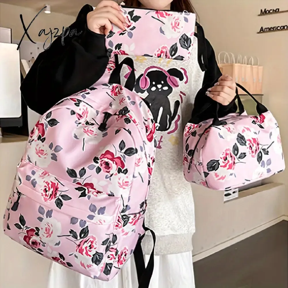 3-Piece Set Floral Fashion Backpack Collection - Stylish Student School Bag with Insulated Lunch Zipper Handbag & Detachable Zipper Clutch Bag for Girls and Women