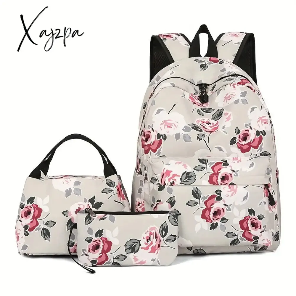 3-Piece Set Floral Fashion Backpack Collection - Stylish Student School Bag with Insulated Lunch Zipper Handbag & Detachable Zipper Clutch Bag for Girls and Women