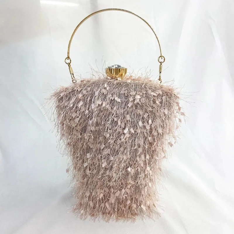 Black Grey Pink Woolen Yarn Polyester Geometric Rhinestone Bucket Evening Bags
