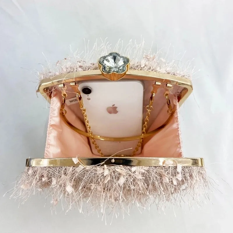 Black Grey Pink Woolen Yarn Polyester Geometric Rhinestone Bucket Evening Bags