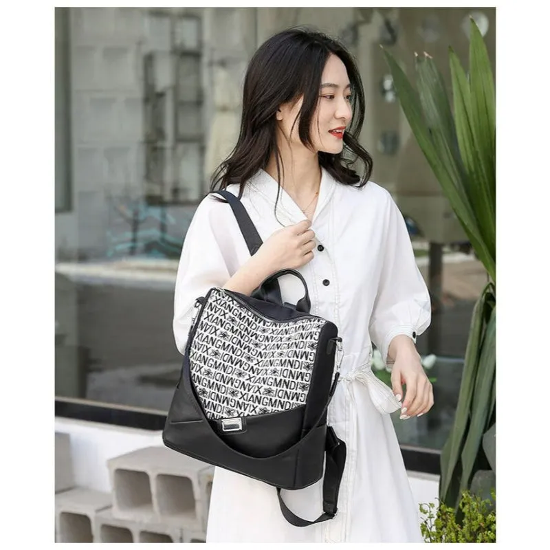 Black Typography Women's Outdoor Leather Backpack