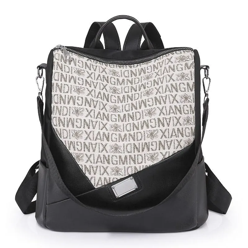 Black Typography Women's Outdoor Leather Backpack