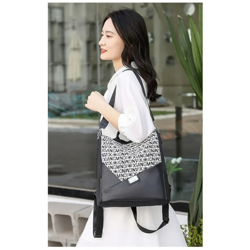 Black Typography Women's Outdoor Leather Backpack