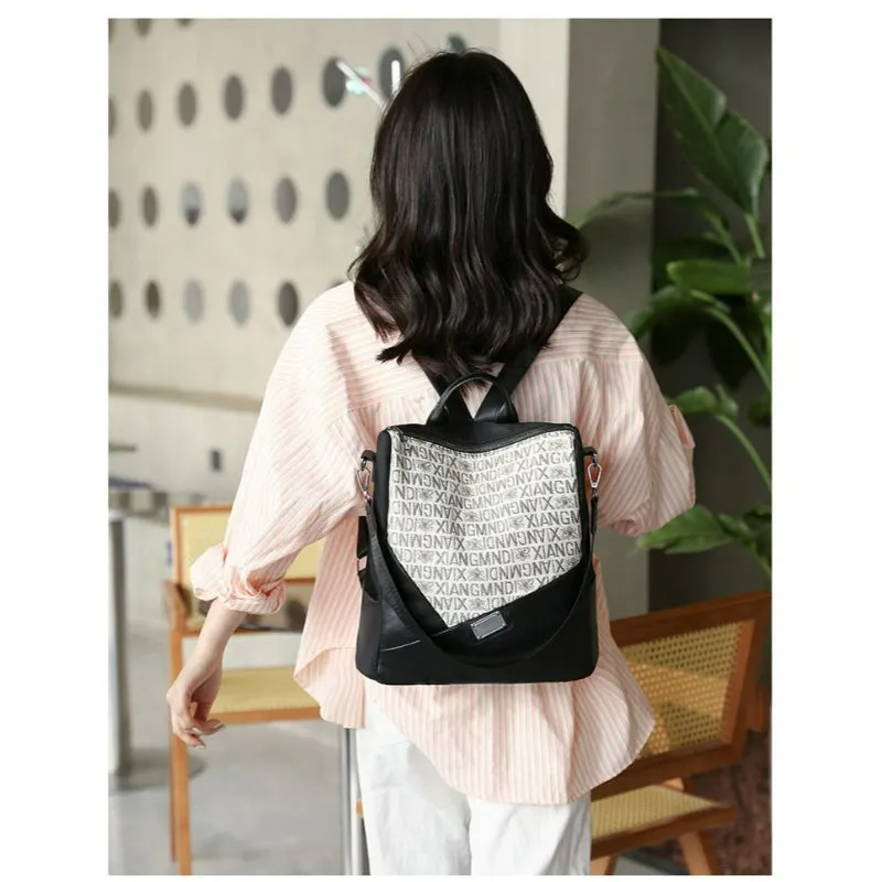 Black Typography Women's Outdoor Leather Backpack