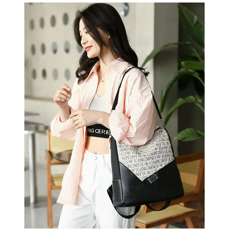 Black Typography Women's Outdoor Leather Backpack