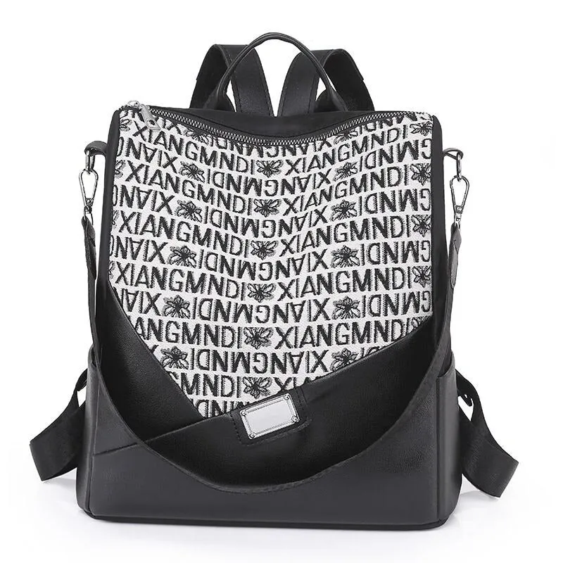 Black Typography Women's Outdoor Leather Backpack