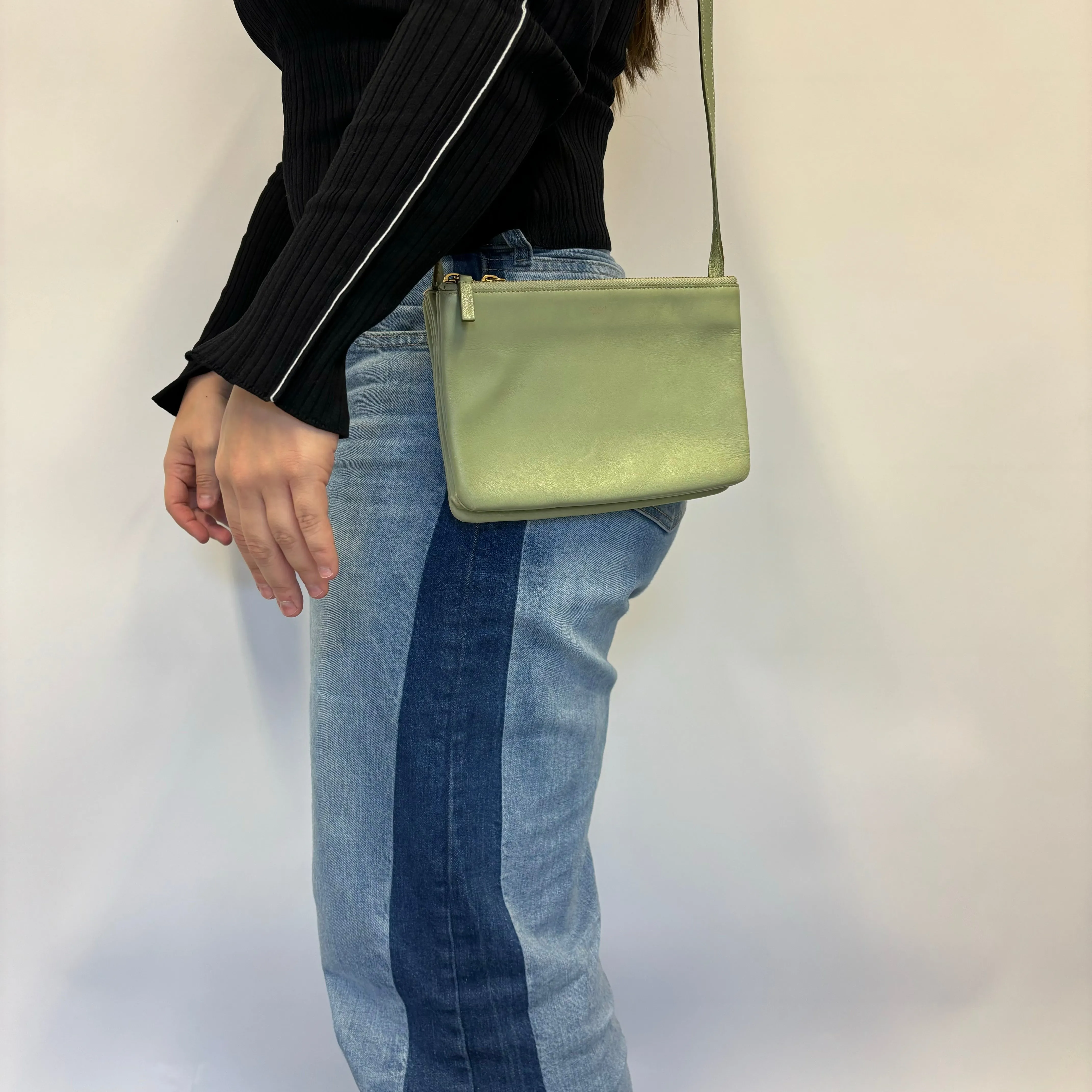 Celine Green Leather Trio Crossbody