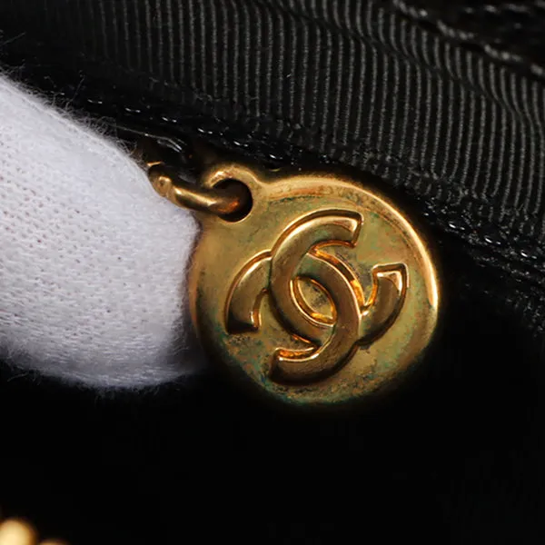 Chanel Around 1998 Made Caviar Skin Logo Embroidered Top Handle Bag Black