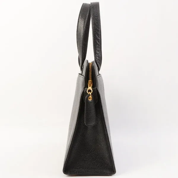 Chanel Around 1998 Made Caviar Skin Logo Embroidered Top Handle Bag Black