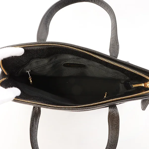 Chanel Around 1998 Made Caviar Skin Logo Embroidered Top Handle Bag Black