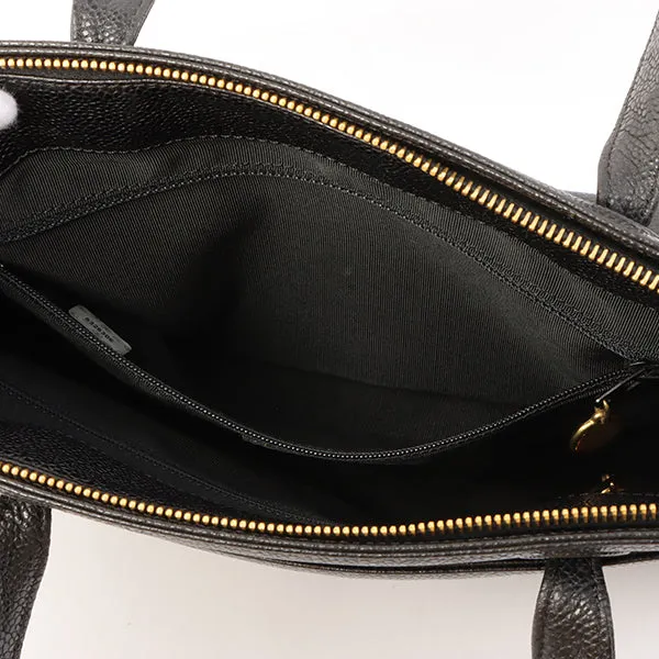 Chanel Around 1998 Made Caviar Skin Logo Embroidered Top Handle Bag Black