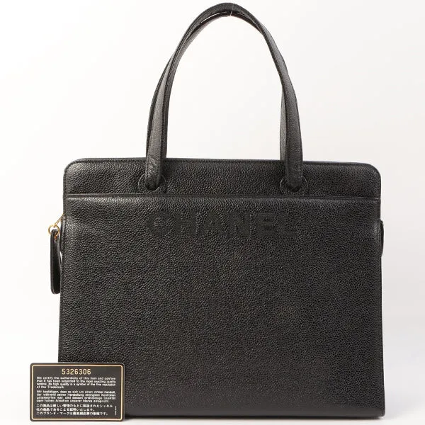 Chanel Around 1998 Made Caviar Skin Logo Embroidered Top Handle Bag Black