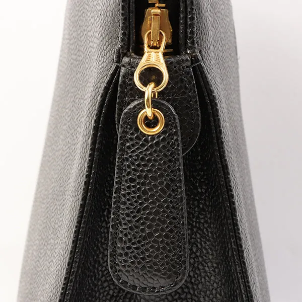 Chanel Around 1998 Made Caviar Skin Logo Embroidered Top Handle Bag Black