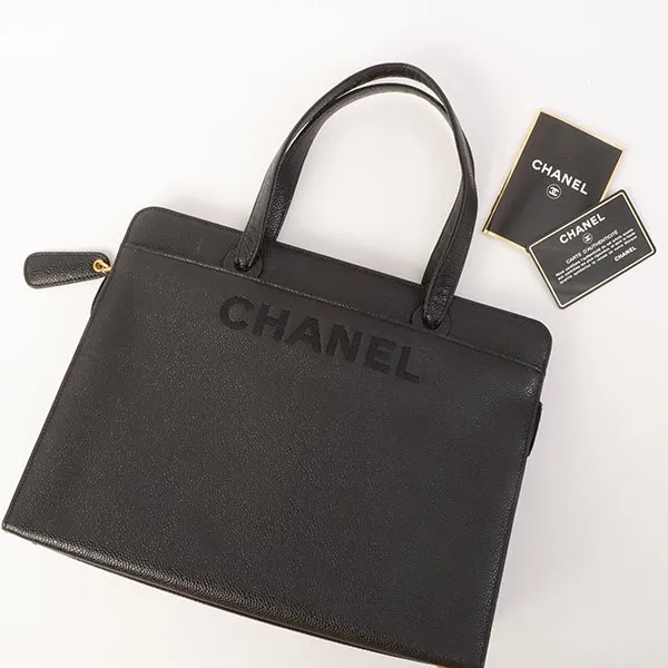 Chanel Around 1998 Made Caviar Skin Logo Embroidered Top Handle Bag Black