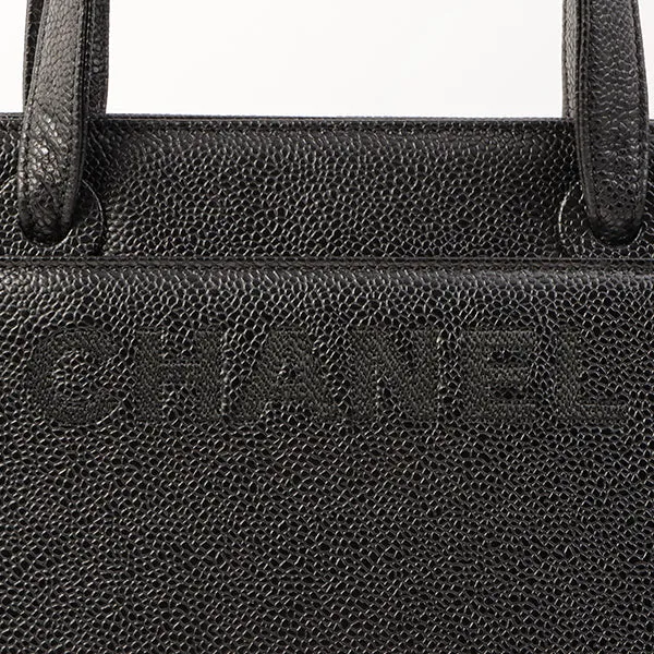 Chanel Around 1998 Made Caviar Skin Logo Embroidered Top Handle Bag Black