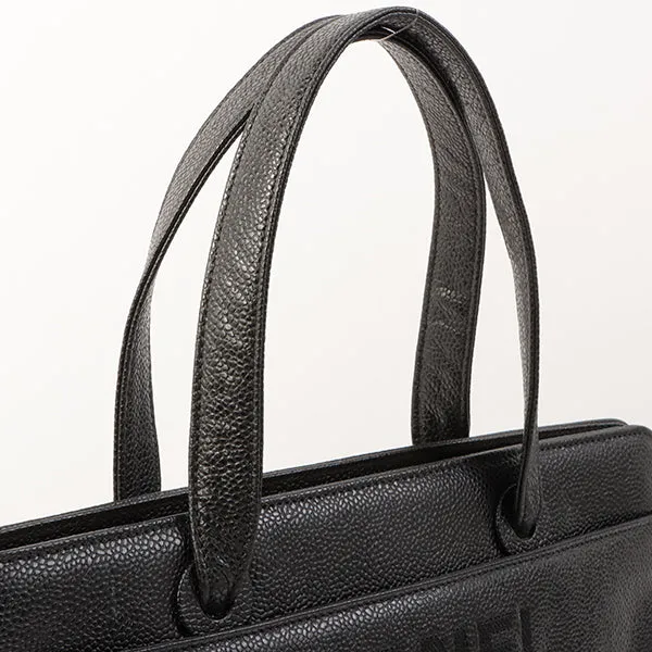 Chanel Around 1998 Made Caviar Skin Logo Embroidered Top Handle Bag Black
