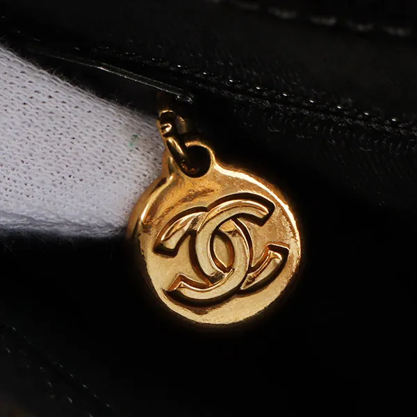 Chanel Around 1998 Made Caviar Skin Logo Embroidered Top Handle Bag Black