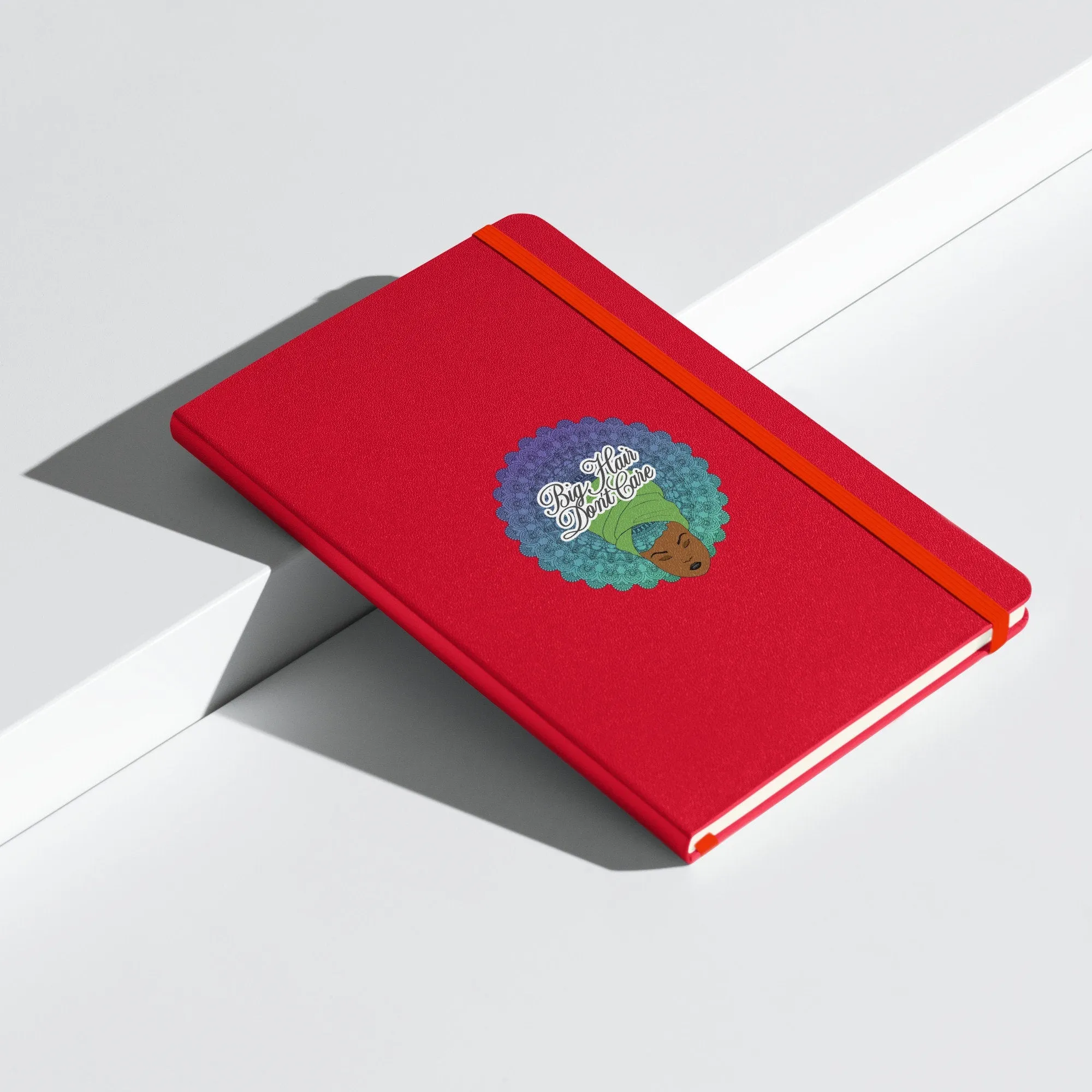 Hardcover bound notebook with Mandala Hair Artwork | Big Hair Don't Care | a beautiful woman depicted with a mandala in her hair