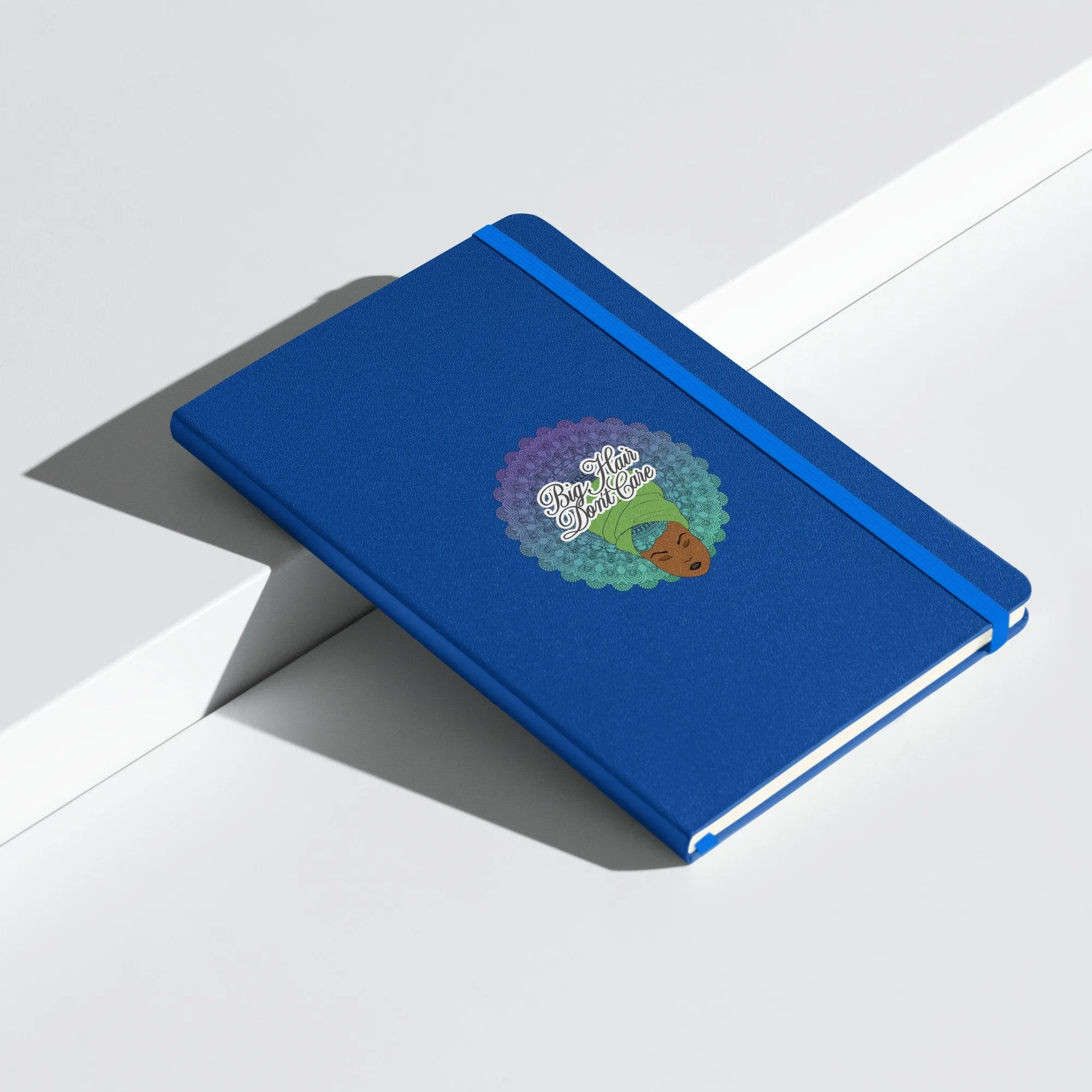 Hardcover bound notebook with Mandala Hair Artwork | Big Hair Don't Care | a beautiful woman depicted with a mandala in her hair