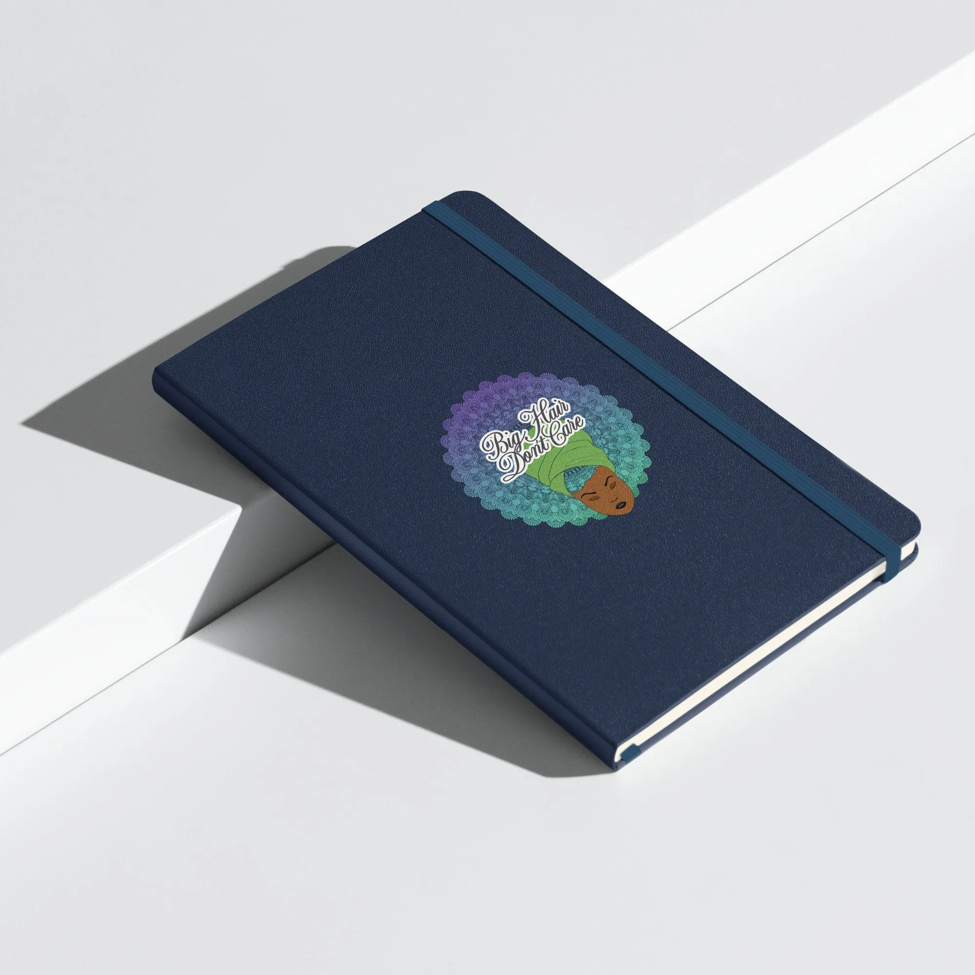 Hardcover bound notebook with Mandala Hair Artwork | Big Hair Don't Care | a beautiful woman depicted with a mandala in her hair