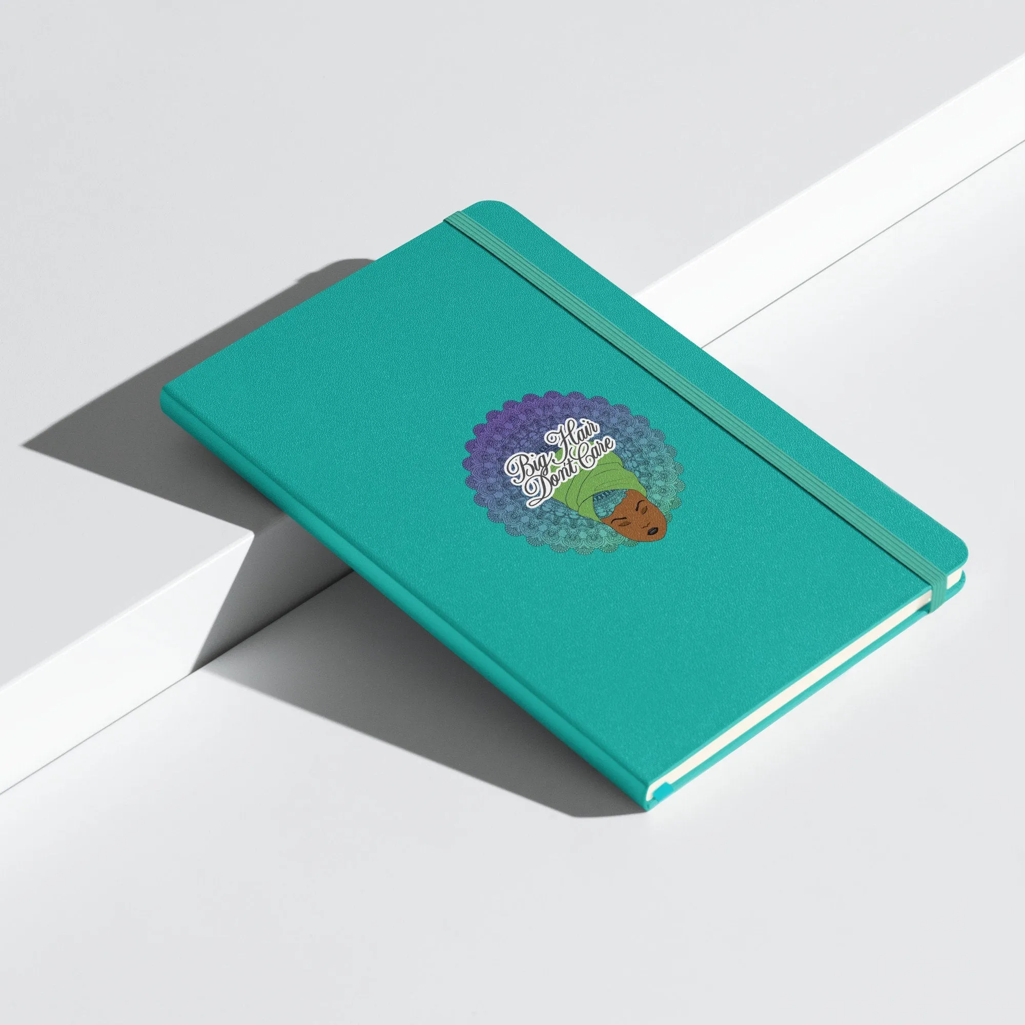 Hardcover bound notebook with Mandala Hair Artwork | Big Hair Don't Care | a beautiful woman depicted with a mandala in her hair