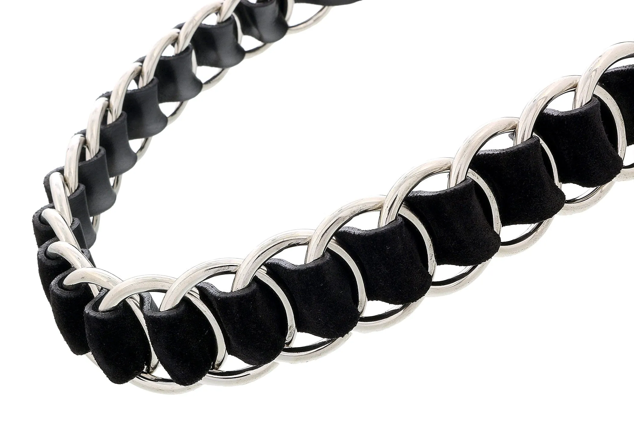 Miu Miu Black/Silver Leather Woven Silver Chain Choker Necklace-One Size