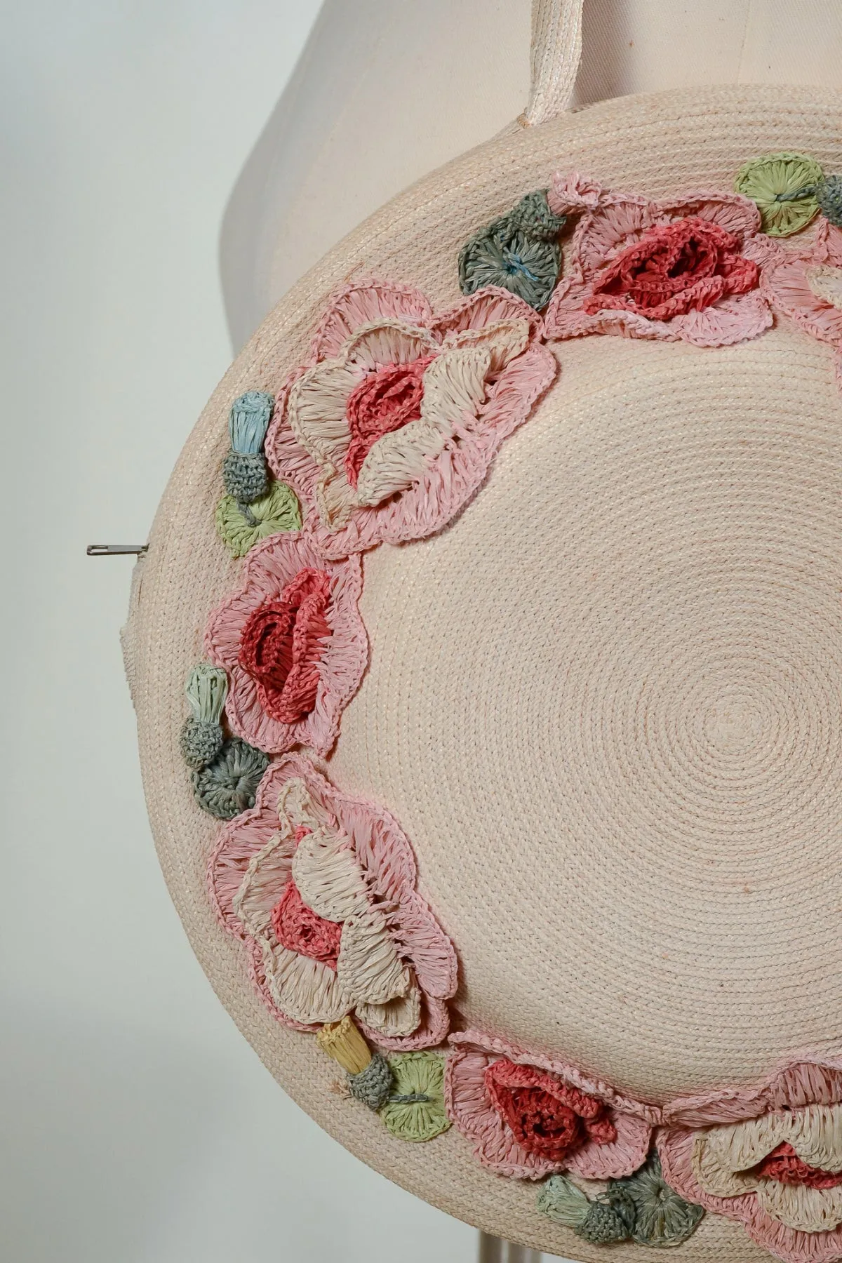 SOLD Vintage Round Woven Handbag with Pretty Raffia Flowers