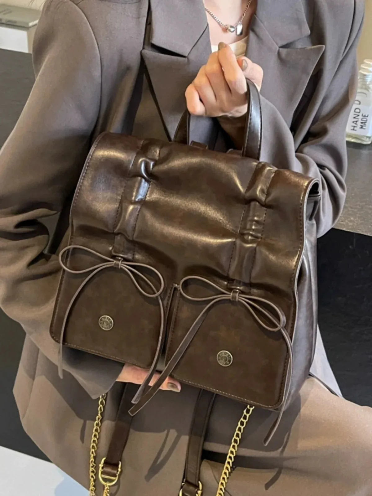 UAKISS  -  Bow Tie Womens Backpack Spice Girls Wrinkles Fashion Backpacks for Ladies Pu Leather High Capacity Trend Aesthetic Bags