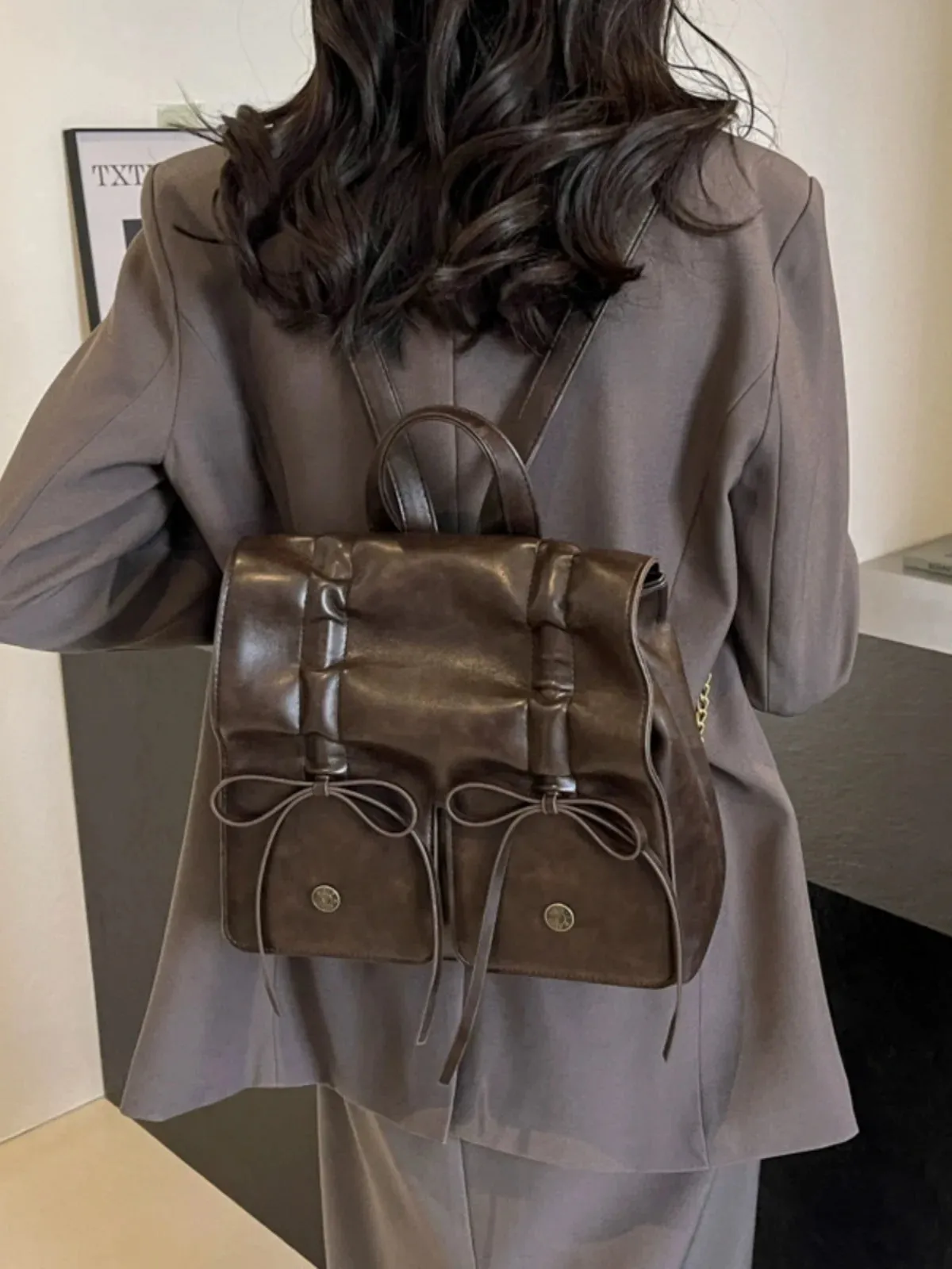UAKISS  -  Bow Tie Womens Backpack Spice Girls Wrinkles Fashion Backpacks for Ladies Pu Leather High Capacity Trend Aesthetic Bags