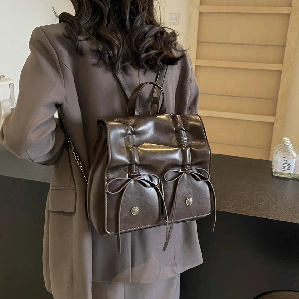 UAKISS  -  Bow Tie Womens Backpack Spice Girls Wrinkles Fashion Backpacks for Ladies Pu Leather High Capacity Trend Aesthetic Bags