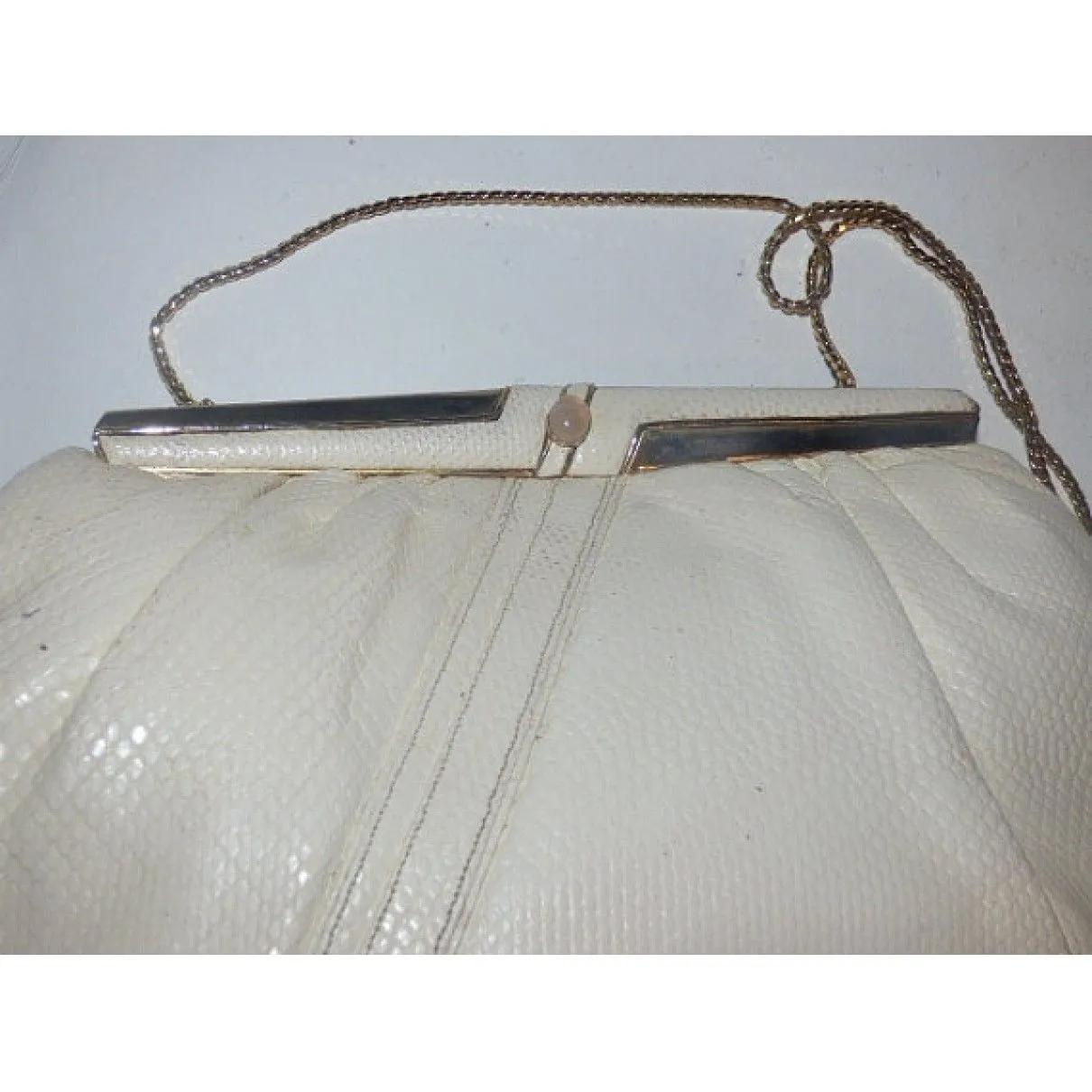 Vintage, AMAZING, early, Judith Leiber, cream, snakeskin leather, evening bag with gold & rose quartz accents and a collapsible chain strap