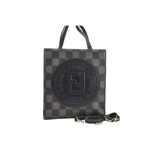 Vintage, Fendi, Roma 1925, checkerboard print in shades of brown coated canvas & brown leather, cross body, tote, or back pack